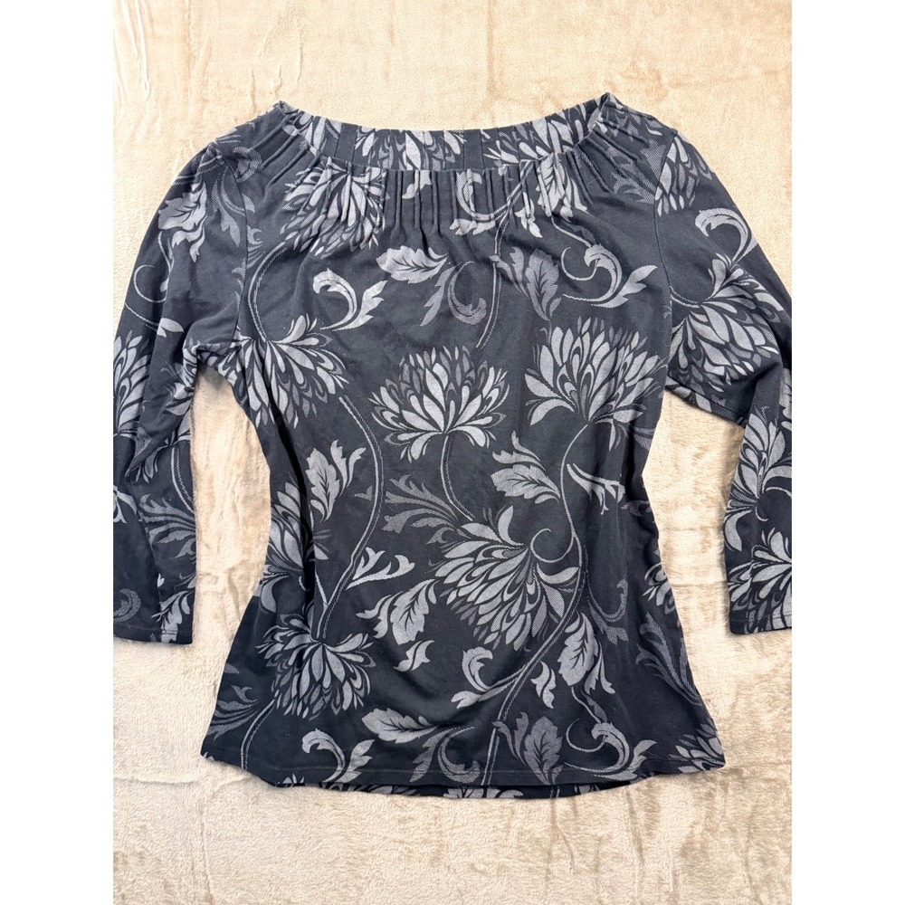 Talbots Floral Top Black Grey Pleated Neck M Whimsigoth Classic Everyday